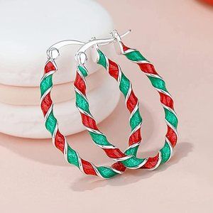 Enamel Hoop Earrings, Silver Plated Twist Oval Hoop Earrings For Women Fashion